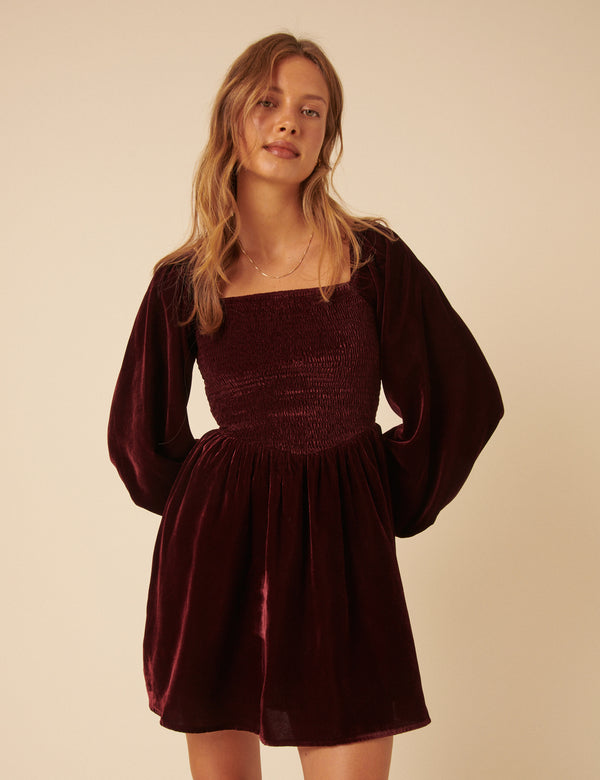 Burgundy Velvet Balloon Sleeve Jupiter Mini Dress