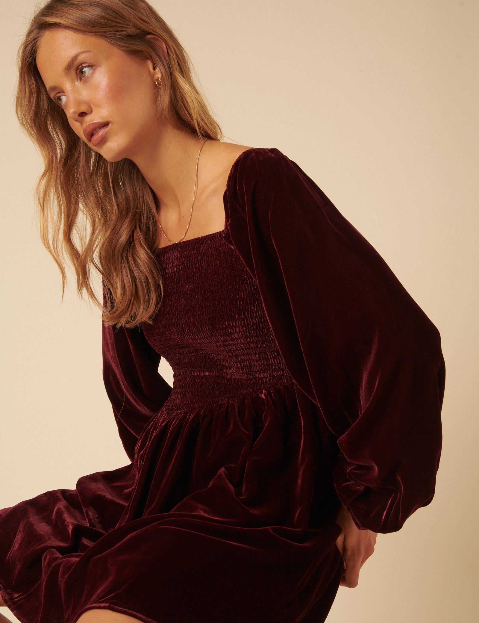 Burgundy Velvet Balloon Sleeve Jupiter Mini Dress