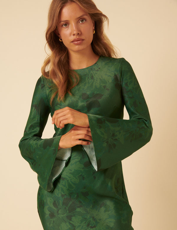 Green Floral Satin Clarissa Midi Dress