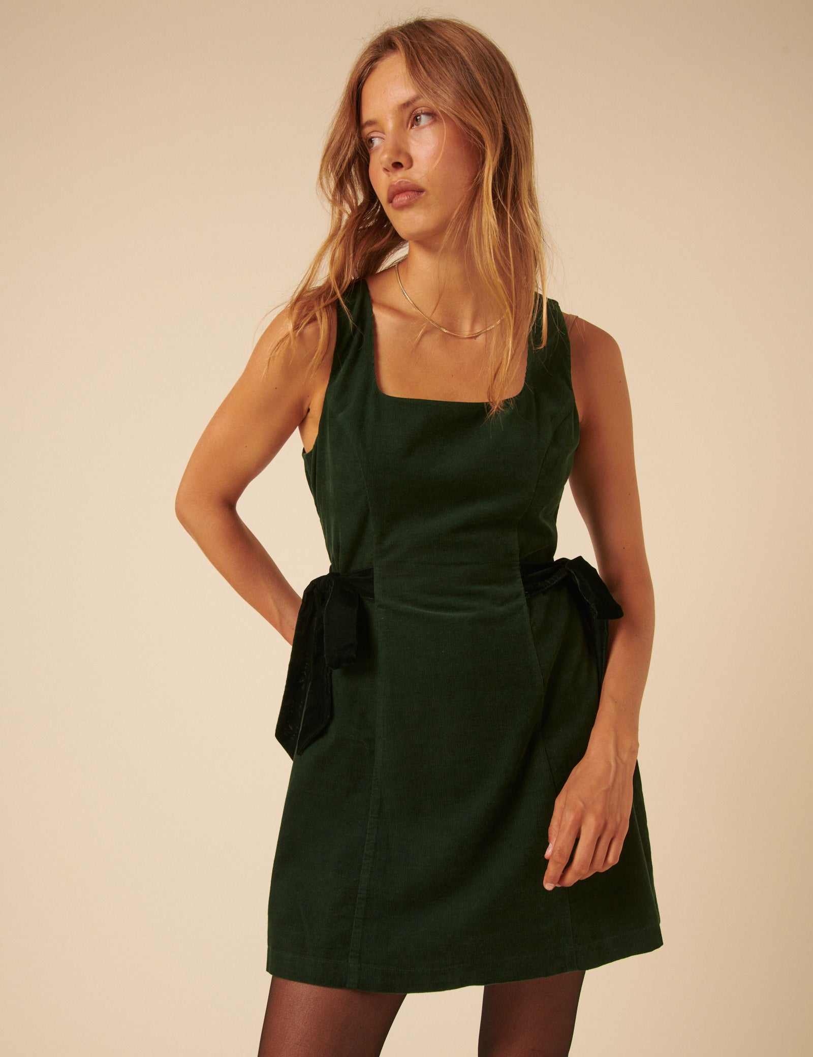 Green Cord Side Bow Hayley Mini Dress Green Cord Side Bow Hayley Mini Dress