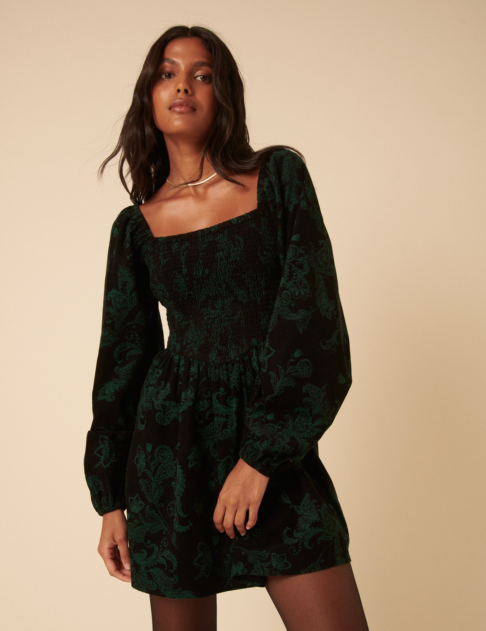 Green Floral Embroidered Long Sleeve Jupiter Mini Dress
