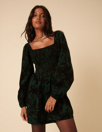 Green Floral Embroidered Long Sleeve Jupiter Mini Dress