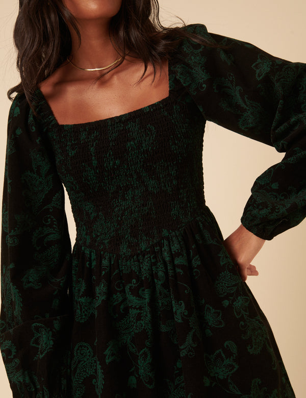 Green Floral Embroidered Long Sleeve Jupiter Mini Dress