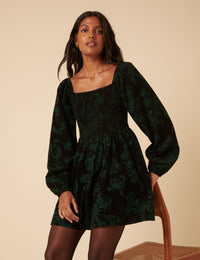 Green Floral Embroidered Long Sleeve Jupiter Mini Dress