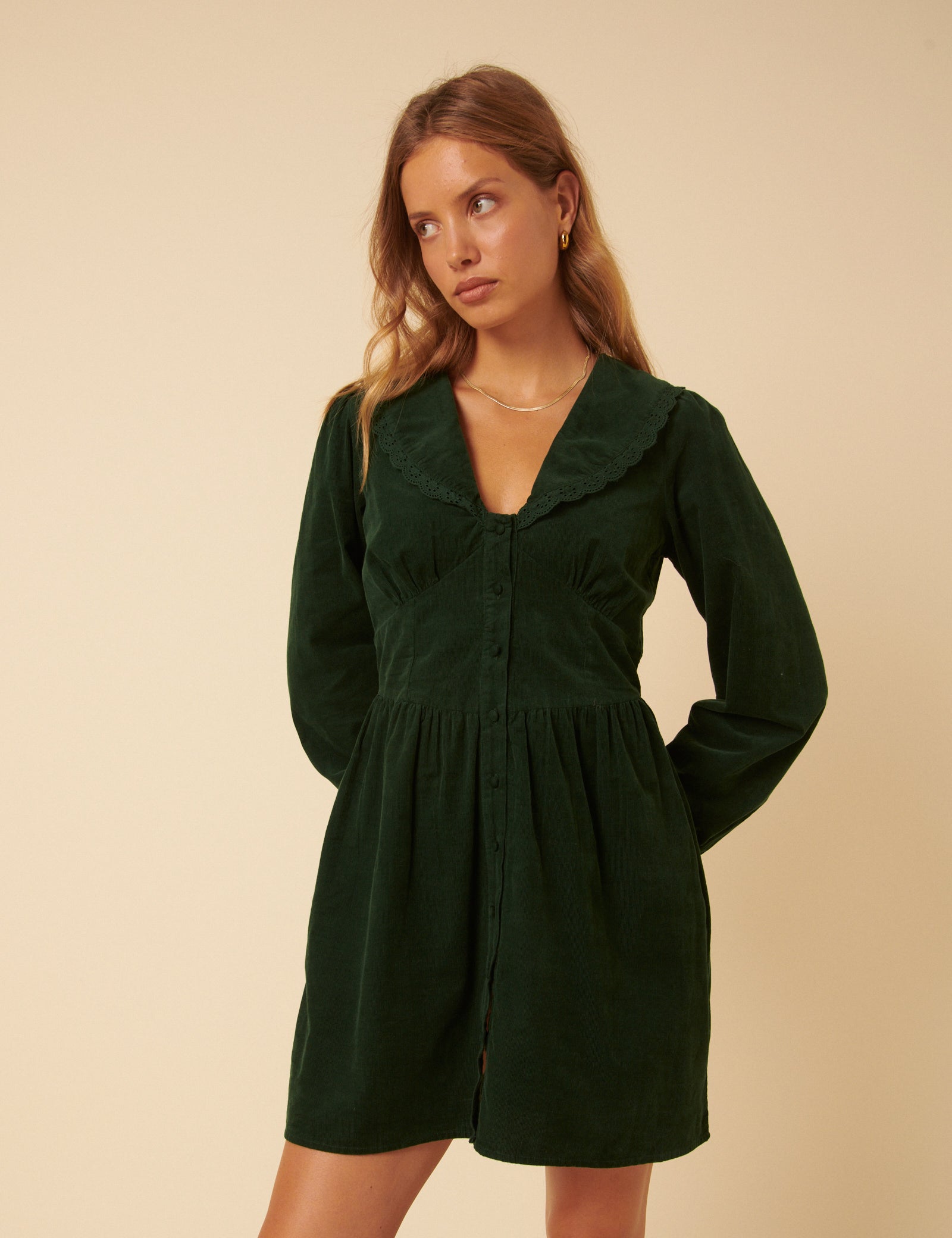 Green Cord Peter Pan Collar Meghan Mini Dress Green Cord Peter Pan Collar Meghan Mini Dress