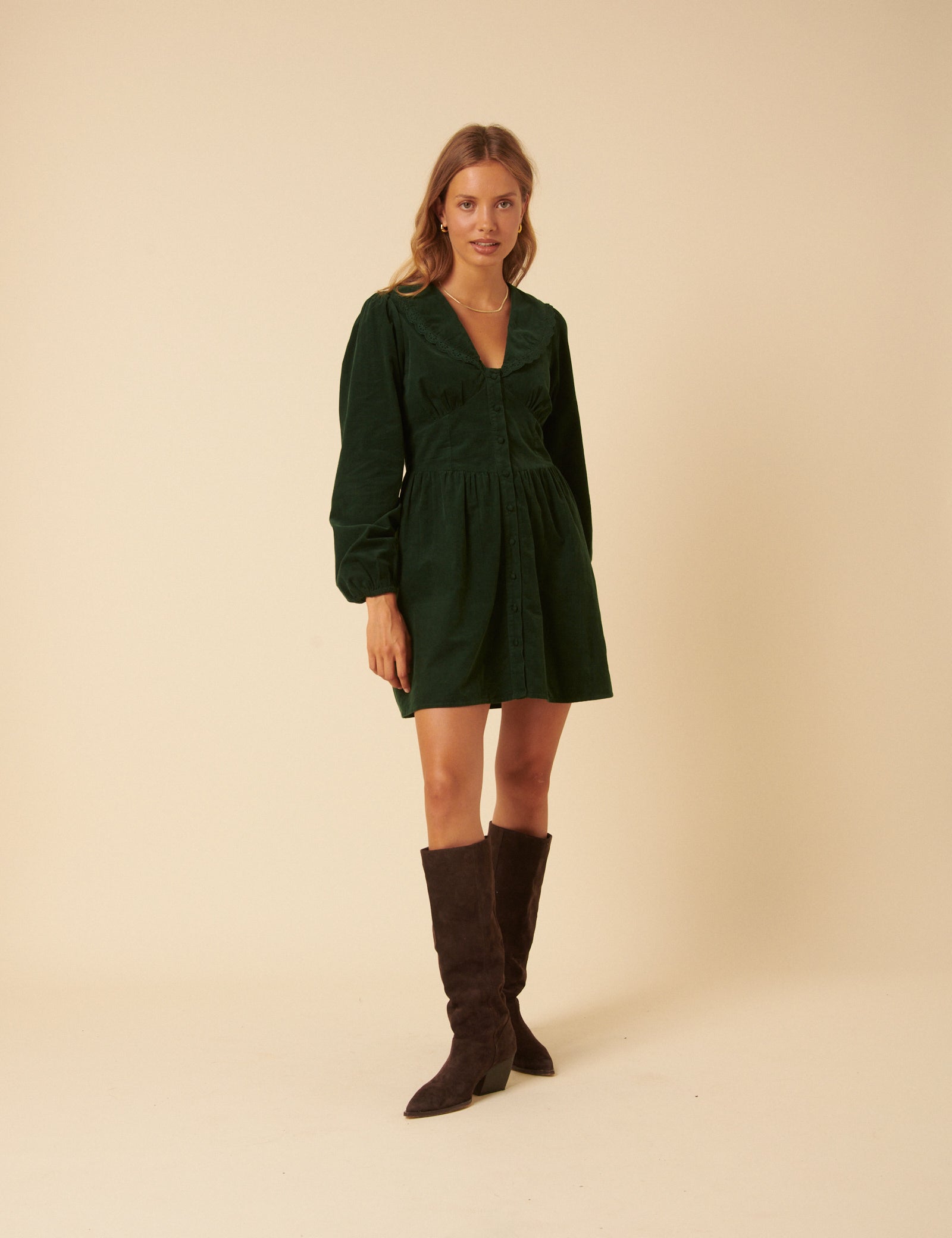 Green Cord Peter Pan Collar Meghan Mini Dress Green Cord Peter Pan Collar Meghan Mini Dress