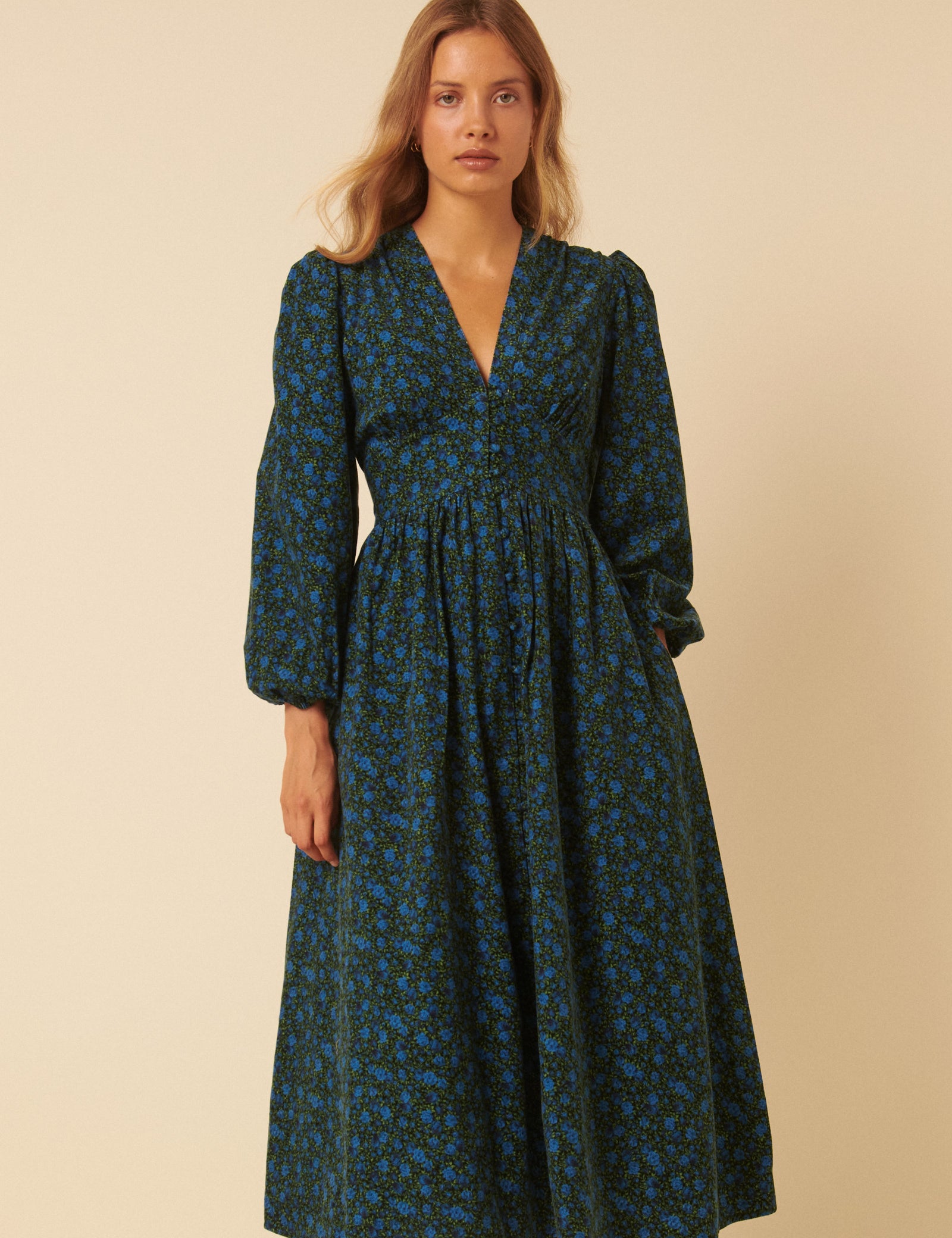 Blue Floral Printed Cord Starlight Midi Dress