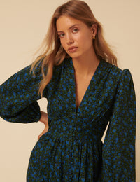 Blue Floral Printed Cord Starlight Midi Dress