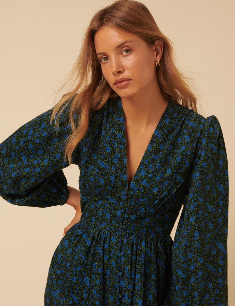 Blue Floral Printed Cord Starlight Midi Dress