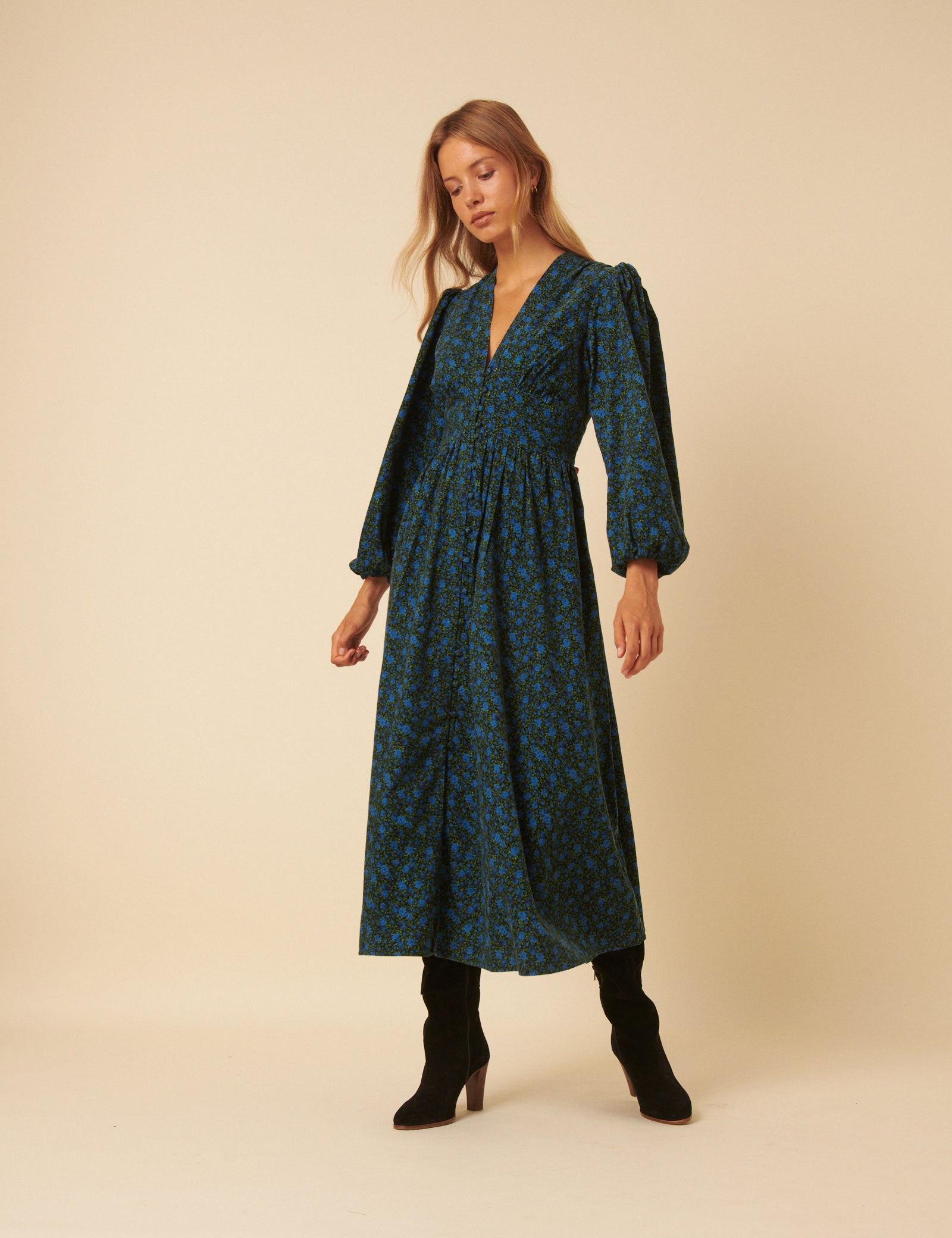 Blue Floral Printed Cord Starlight Midi Dress Blue Floral Printed Cord Starlight Midi Dress