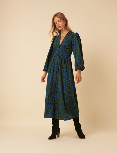 Blue Floral Printed Cord Starlight Midi Dress