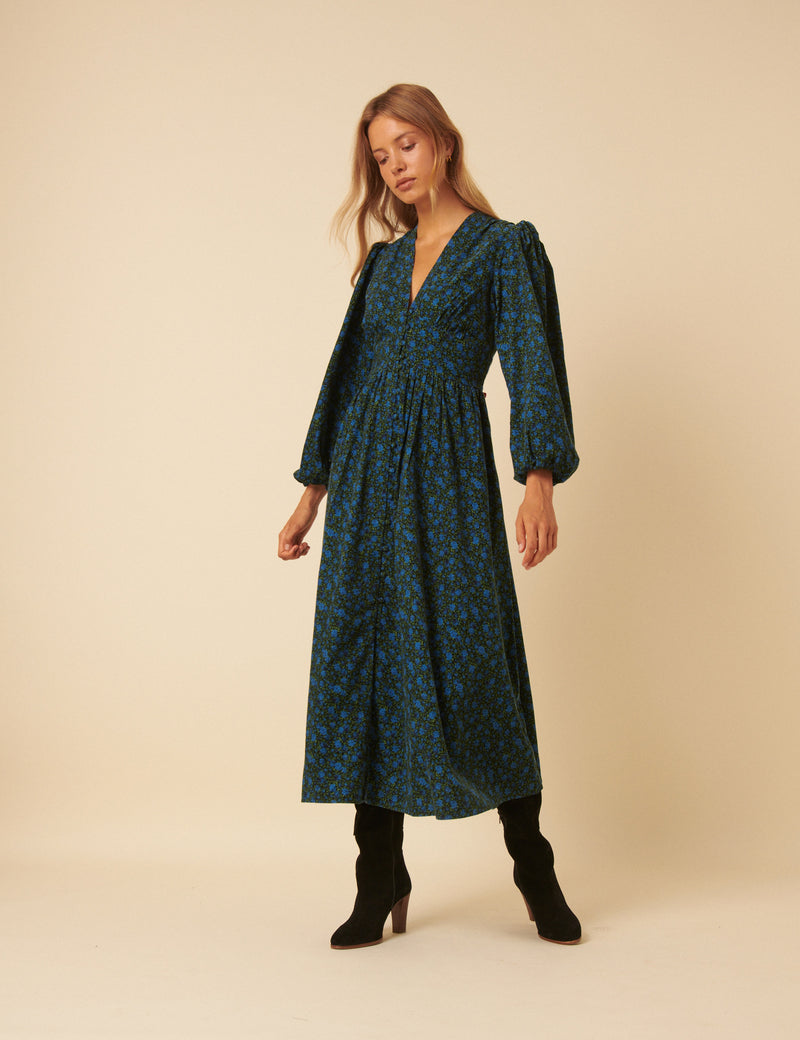 Blue Floral Printed Cord Starlight Midi Dress