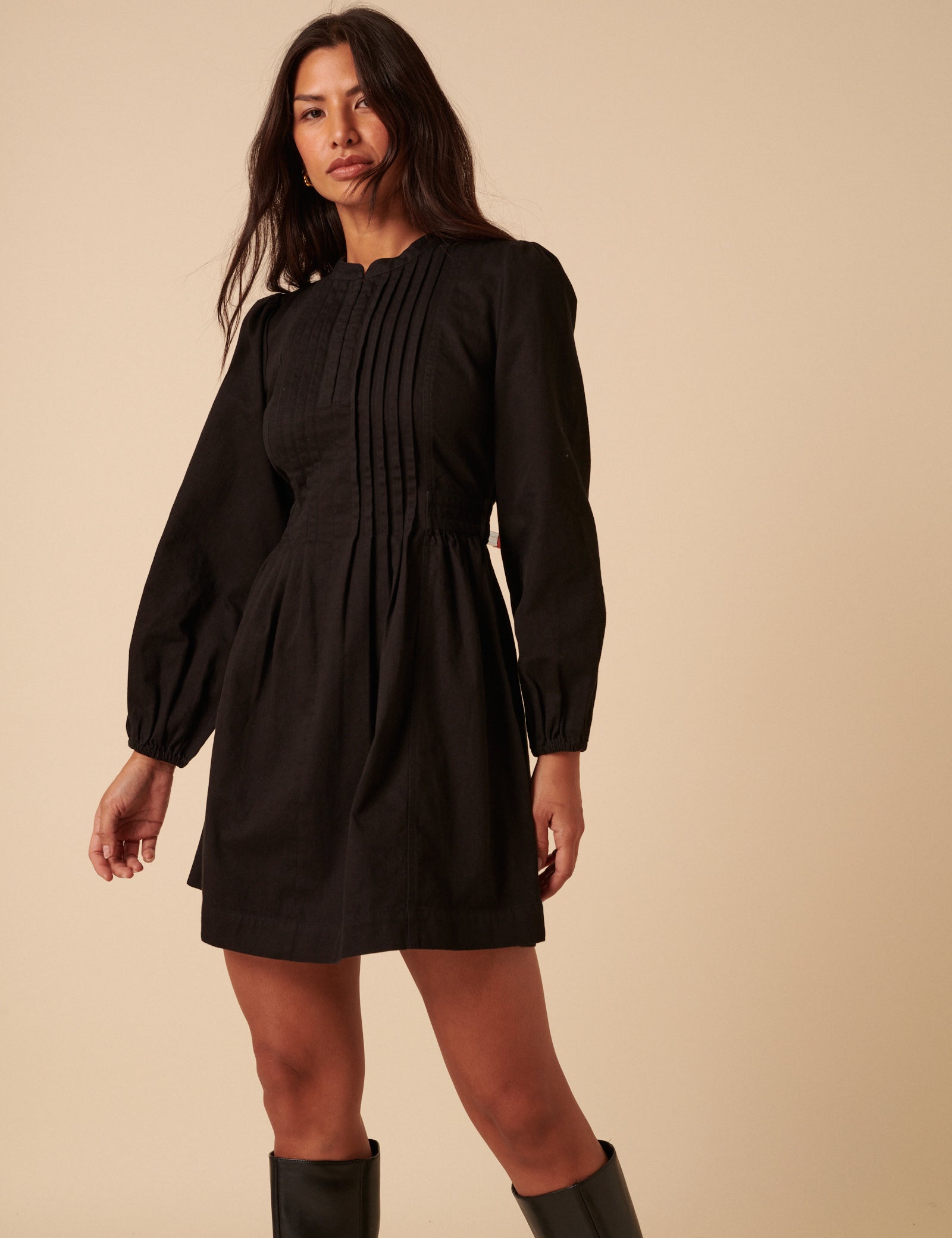 Black Denim Pintuck Tillie Mini Dress Black Denim Pintuck Tillie Mini Dress
