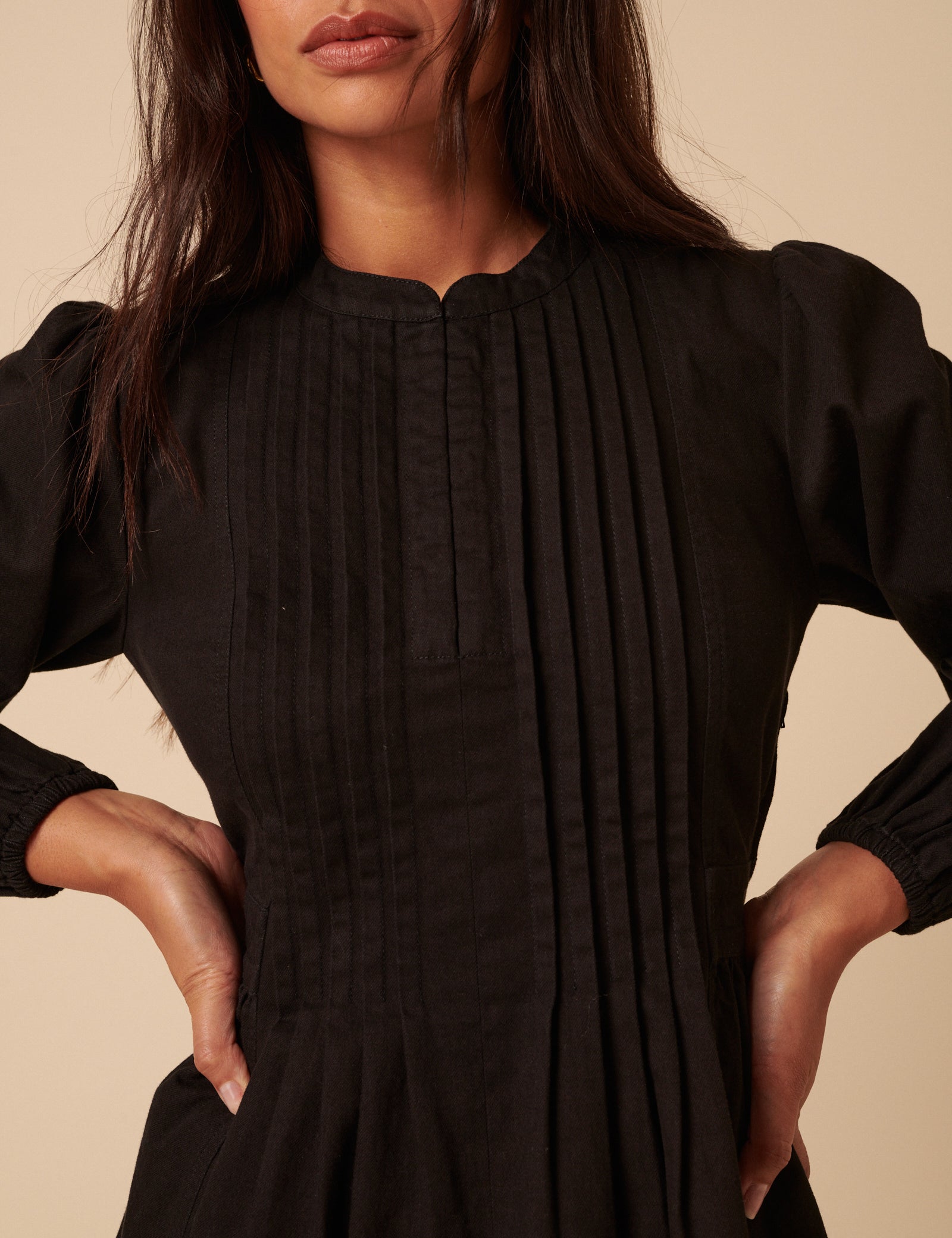 Black Denim Pintuck Tillie Mini Dress Black Denim Pintuck Tillie Mini Dress