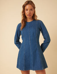 Mid Wash Denim Long Sleeve A-line Mini Dress
