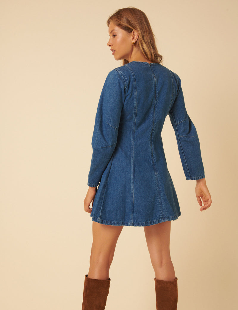 Mid Wash Denim Long Sleeve A-line Mini Dress