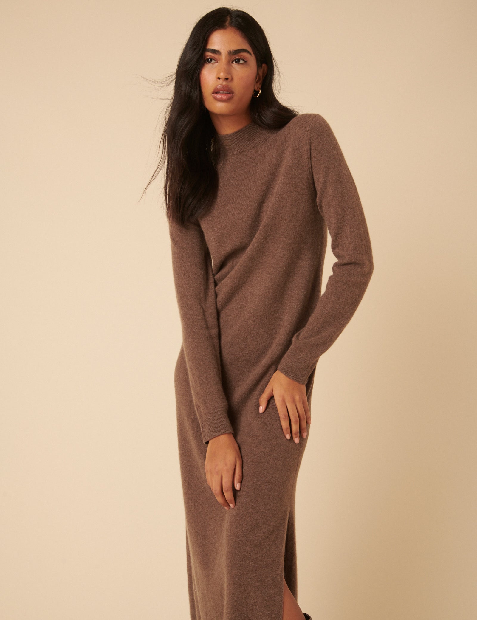 Dark Beige Cashmere Funnel Neck Midi Dress Dark Beige Cashmere Funnel Neck Midi Dress