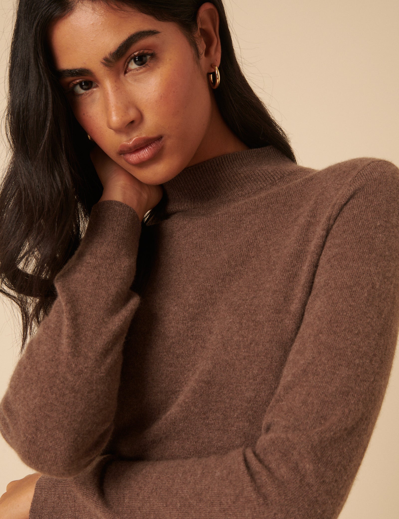 Dark Beige Cashmere Funnel Neck Midi Dress Dark Beige Cashmere Funnel Neck Midi Dress