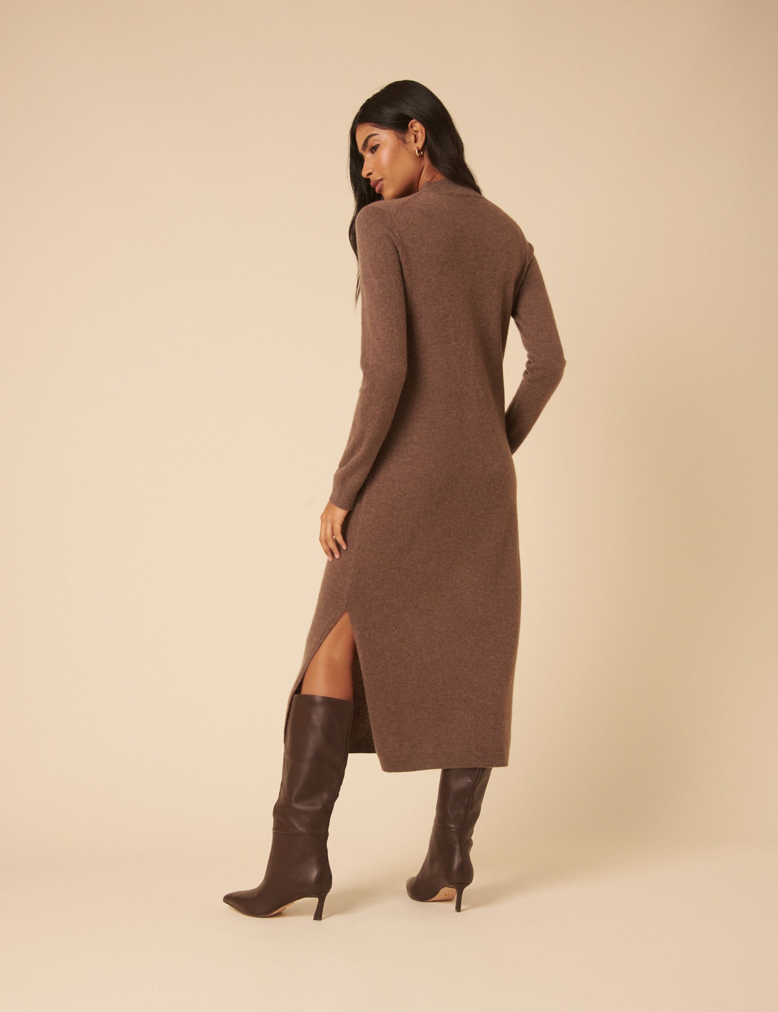 Dark Beige Cashmere Funnel Neck Midi Dress Dark Beige Cashmere Funnel Neck Midi Dress