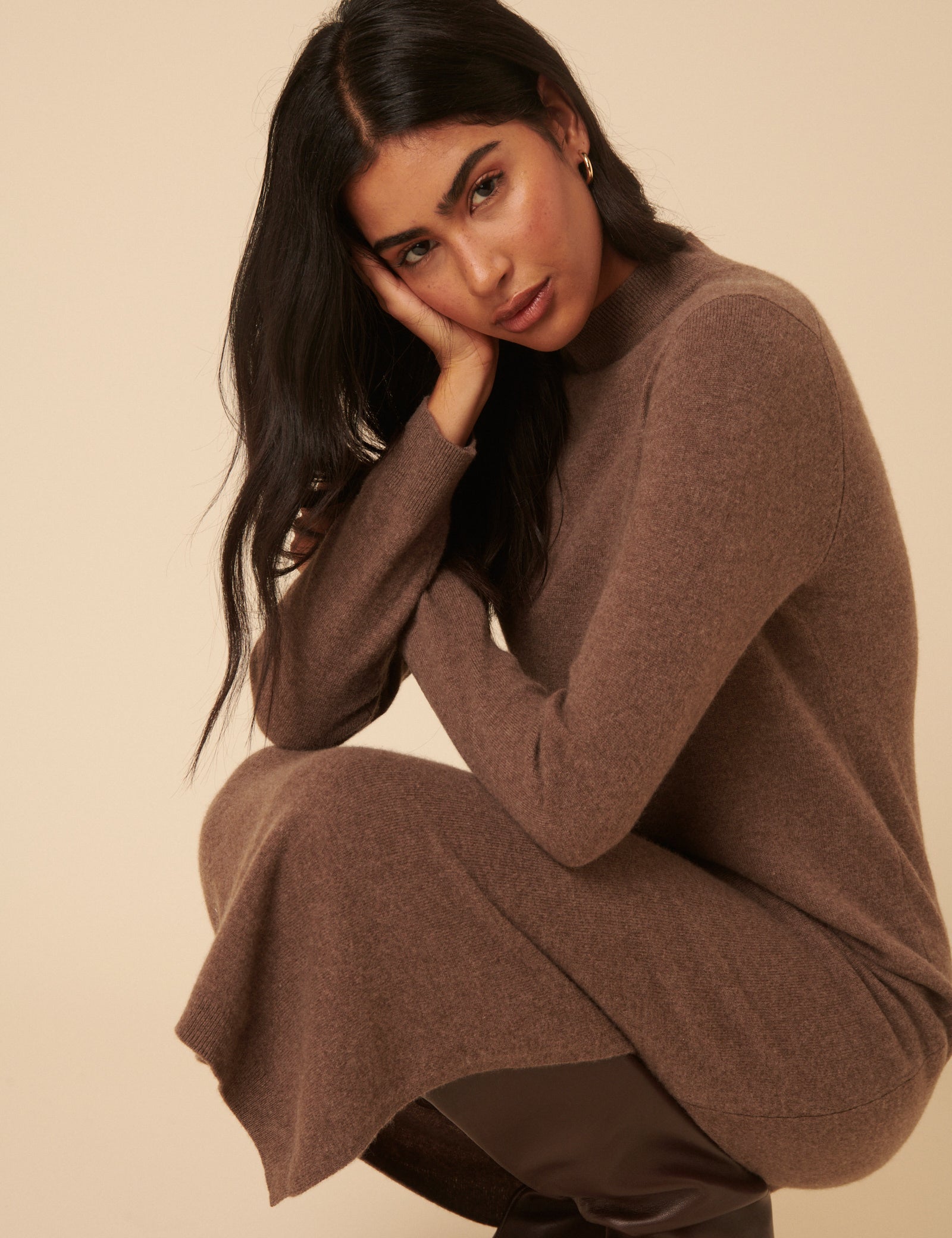 Dark Beige Cashmere Funnel Neck Midi Dress Dark Beige Cashmere Funnel Neck Midi Dress