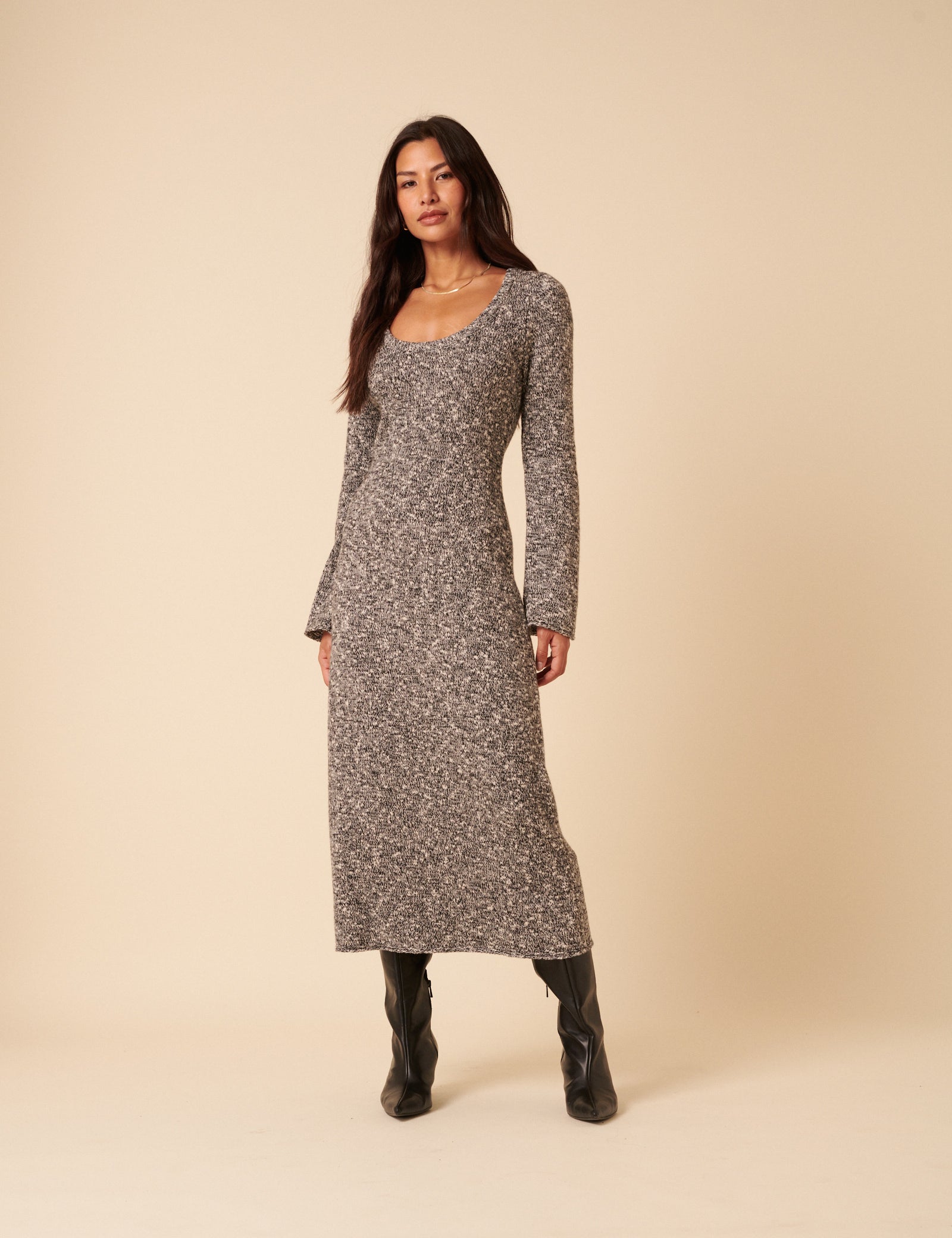 Grey And White Scoop Knitted Neck Midi Dress Grey And White Scoop Knitted Neck Midi Dress