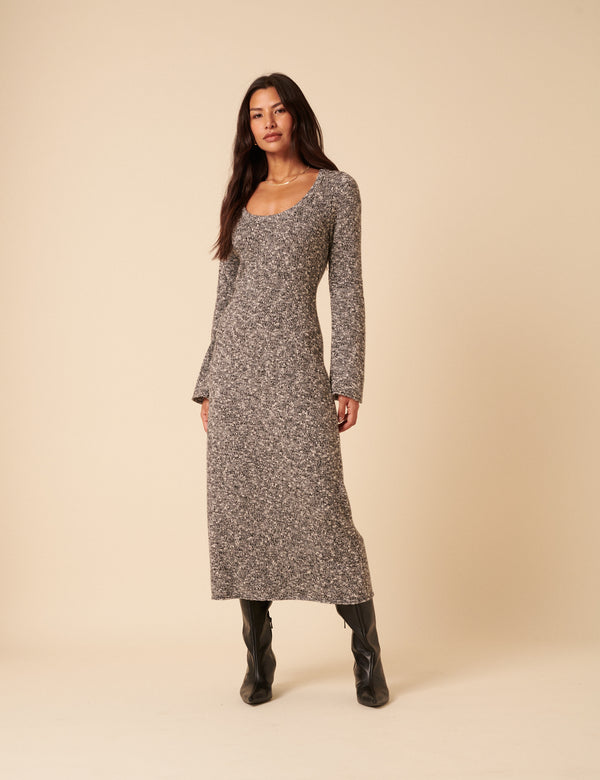 Grey And White Scoop Knitted Neck Midi Dress