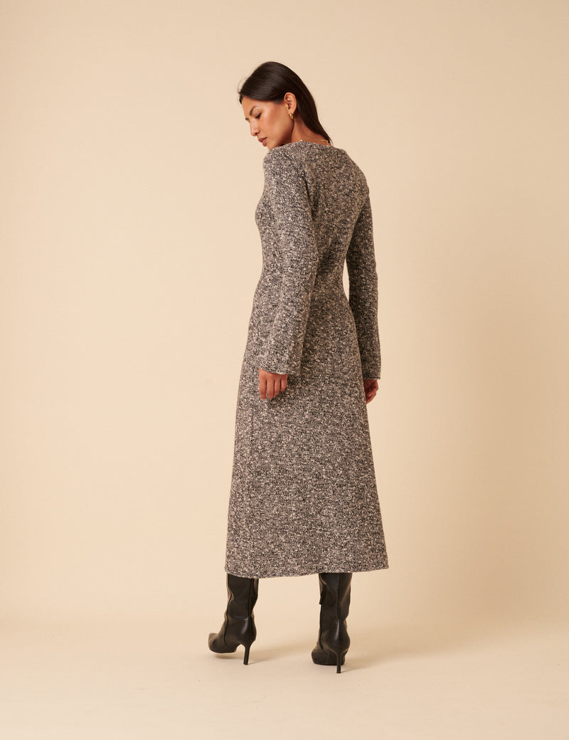 Grey And White Scoop Knitted Neck Midi Dress