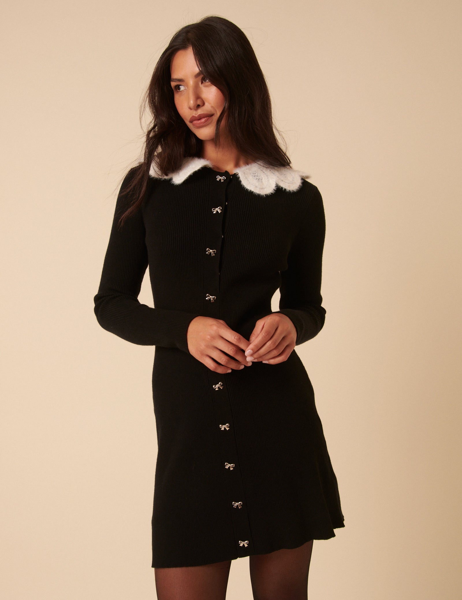 collared mini dress Black Crochet Trim Collar Mini Dress