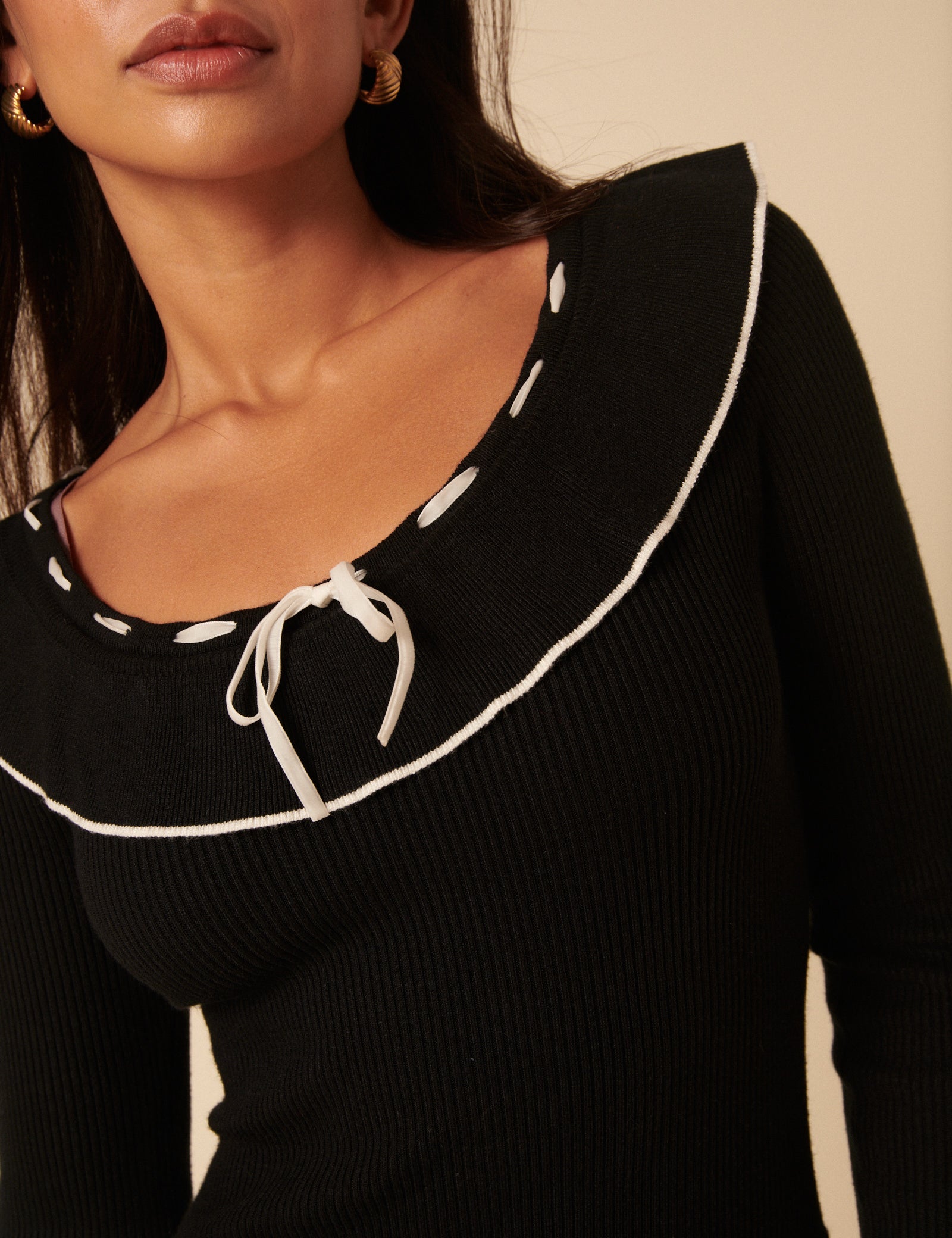 Black Collared Long Sleeve Knitted Mini Dress