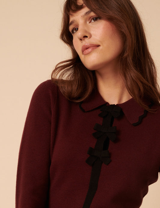 Burgundy Knitted Bow Front Mini Dress Burgundy Knitted Bow Front Mini Dress