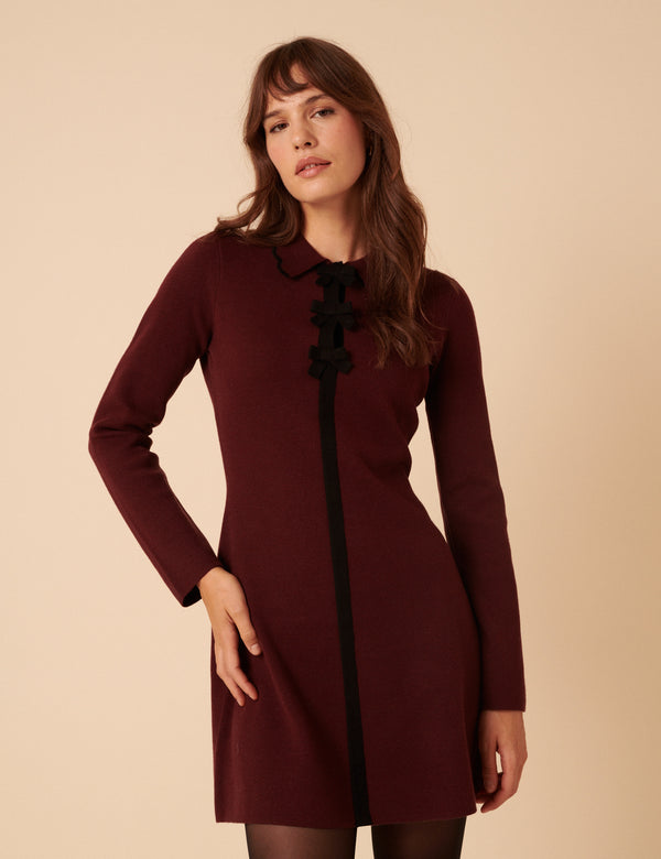 Petite Burgundy Bow Front Knitted Mini Dress