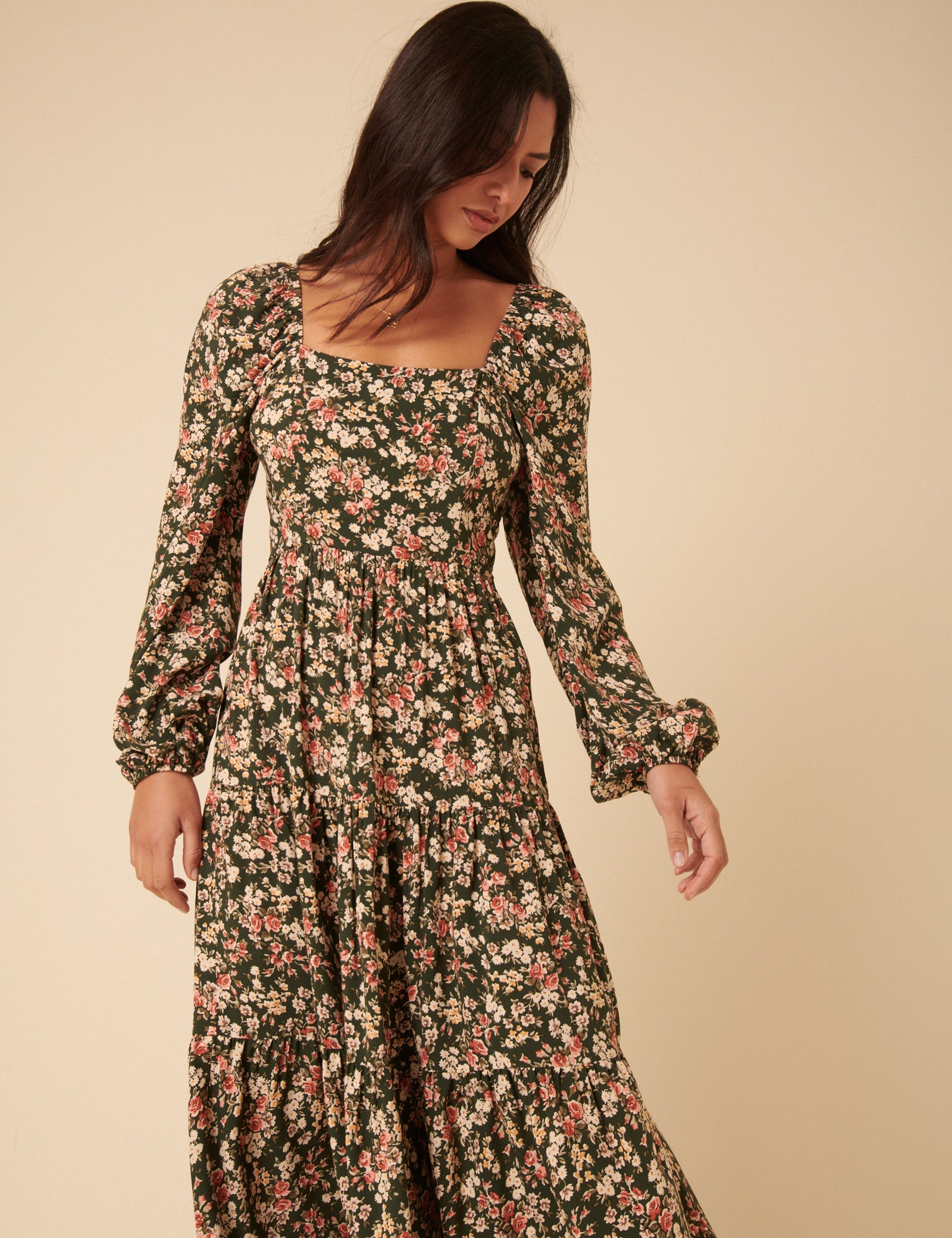 Black Floral Long Sleeve Maud Midi Dress Black Floral Long Sleeve Maud Midi Dress