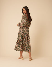 Black Floral Long Sleeve Maud Midi Dress