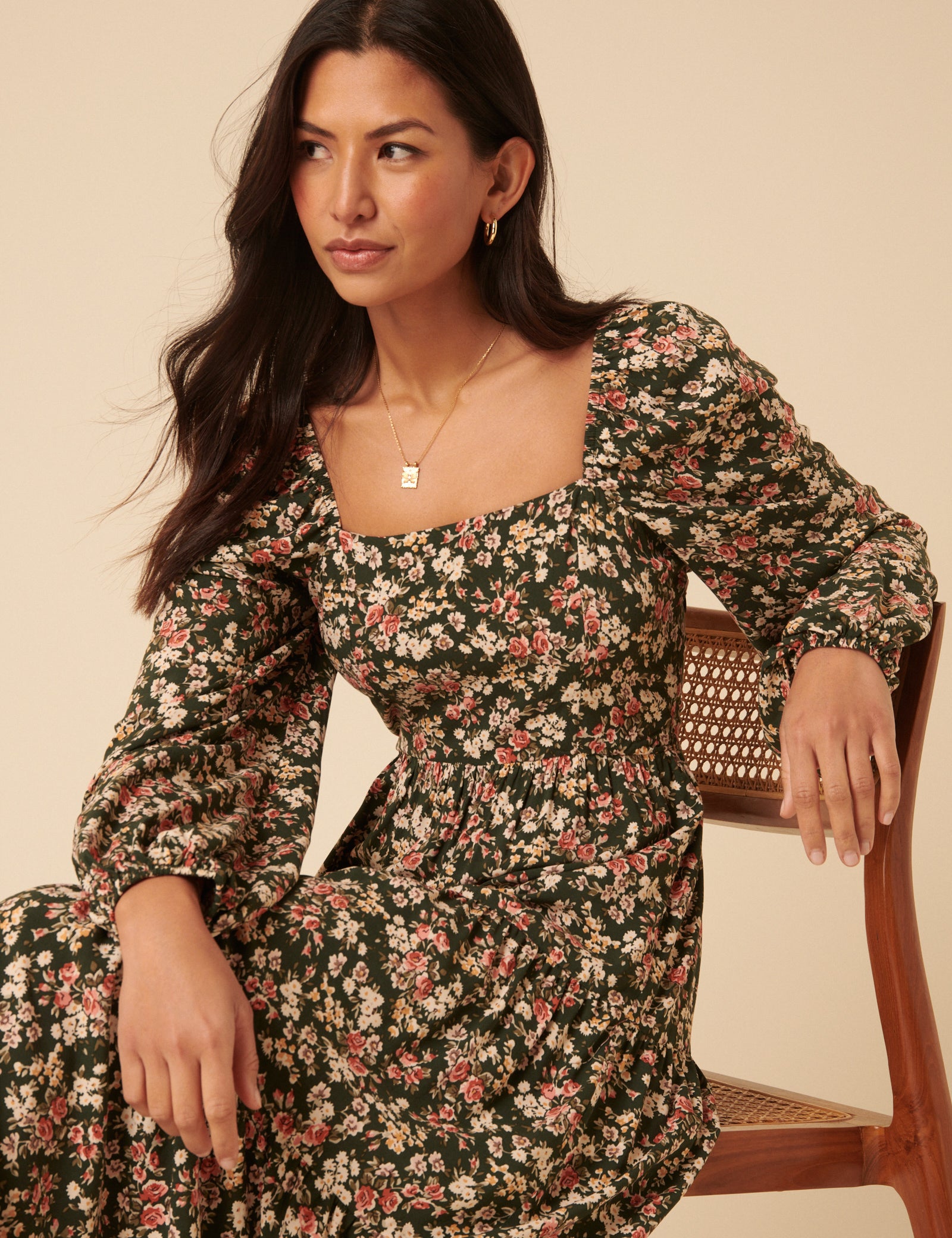 Black Floral Long Sleeve Maud Midi Dress Black Floral Long Sleeve Maud Midi Dress