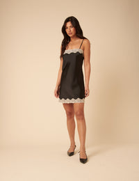 Black Satin Lace Trim Ally Mini Dress