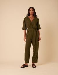 Khaki Green Linen-blend Tie Waist Jumpsuit