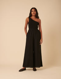 Black Linen-blend One Shoulder Ruched Jumpsuit