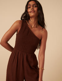 Brown Linen-blend One Shoulder Ruched Jumpsuit