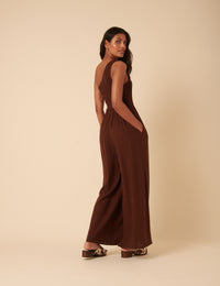 Brown Linen-blend One Shoulder Ruched Jumpsuit