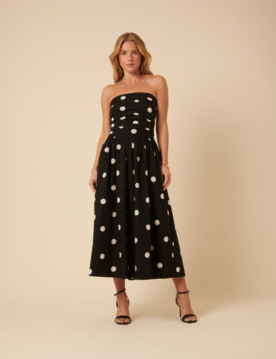 Black Polka Dot Bandeau Felicity Midi Dress