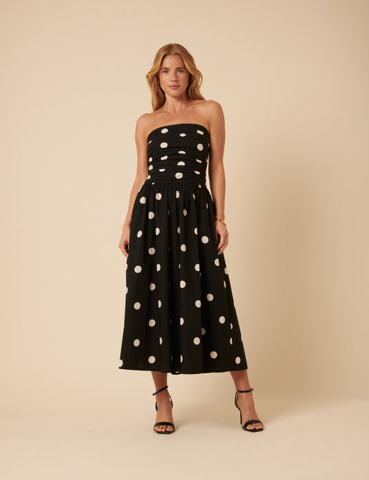 knee length dresses for ladies Black Polka Dot Bandeau Felicity Midi Dress