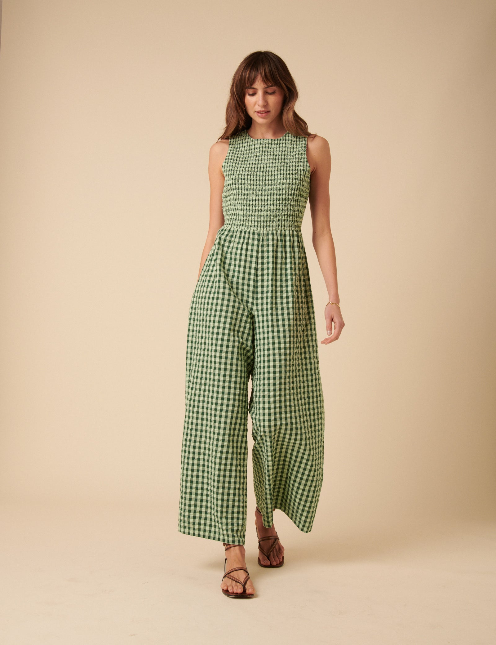 Green Gingham Shirred Ruth Jumpsuit Green Gingham Shirred Ruth Jumpsuit