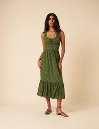 Green Ditsy Floral Tiered Heather Midi Dress