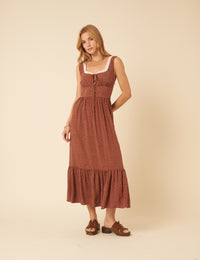 Brown Spotty Tiered Heather Midi Dress