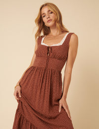 Brown Spotty Tiered Heather Midi Dress
