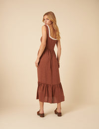 Brown Spotty Tiered Heather Midi Dress