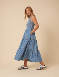 Blue Gingham Sleeveless Tiered Charlie Midi Dress