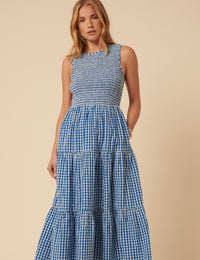 Blue Gingham Sleeveless Tiered Charlie Midi Dress
