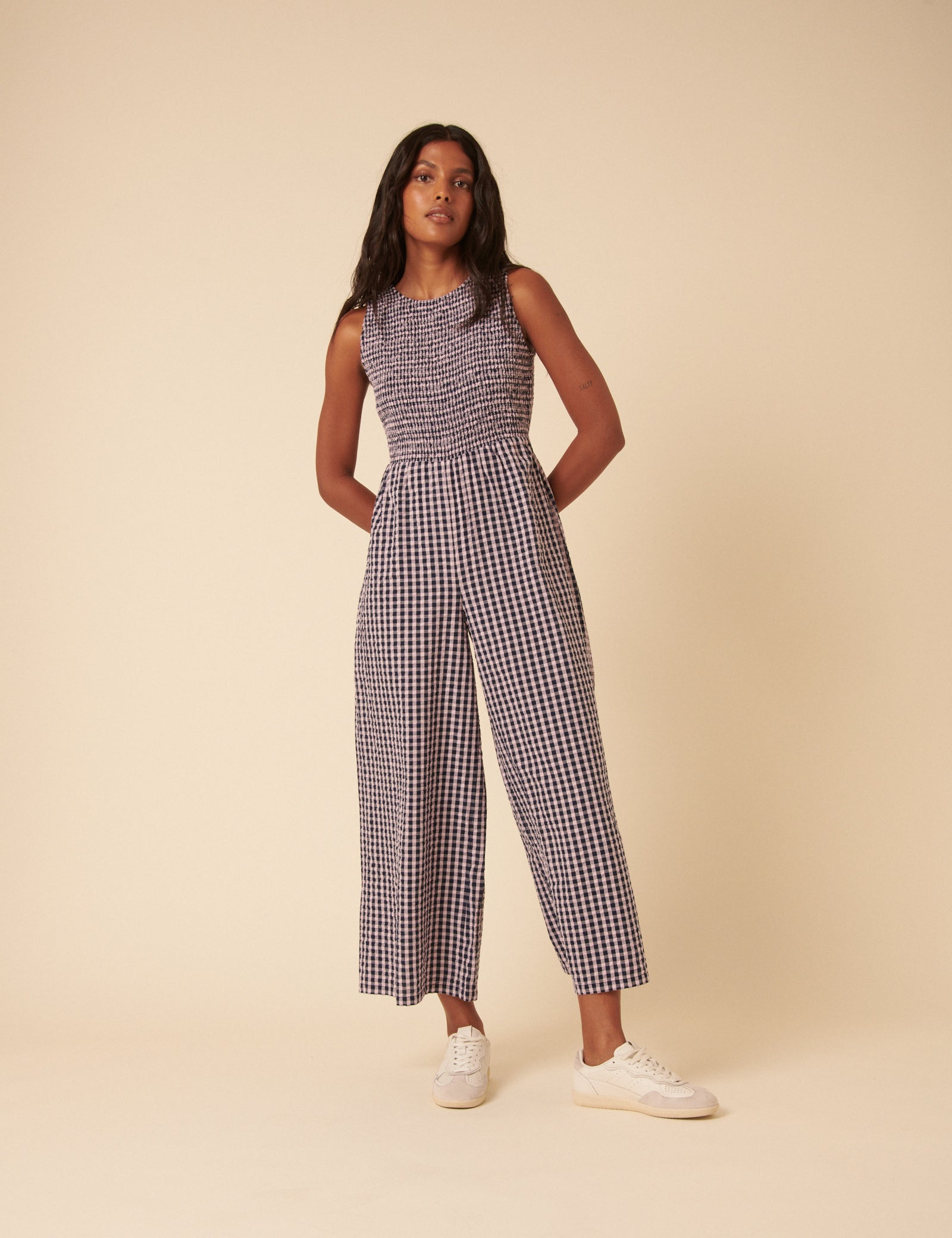 Petite Navy And Pink Gingham Ruth Jumpsuit - Main Image