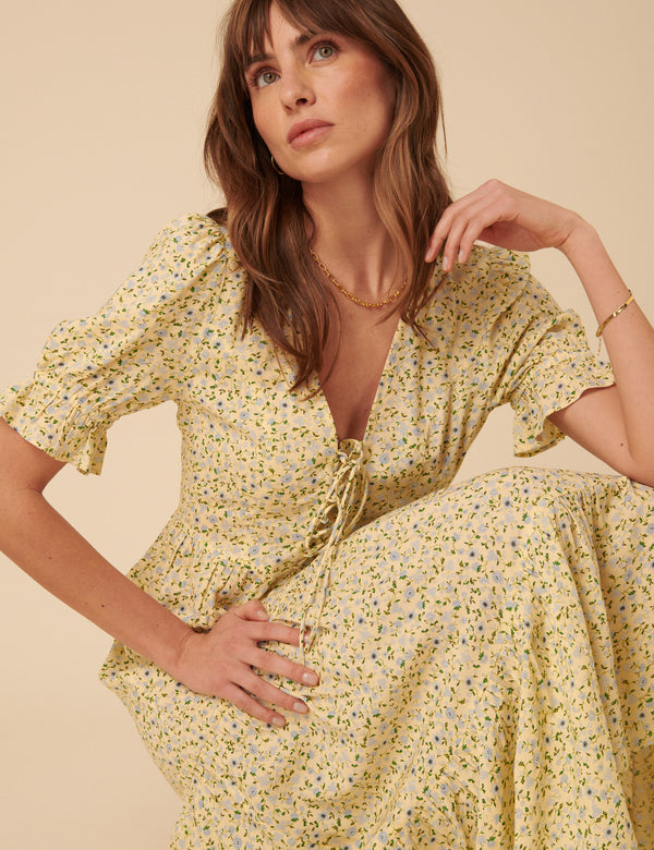 Butter Yellow Ditsy Floral Lia Midi Dress